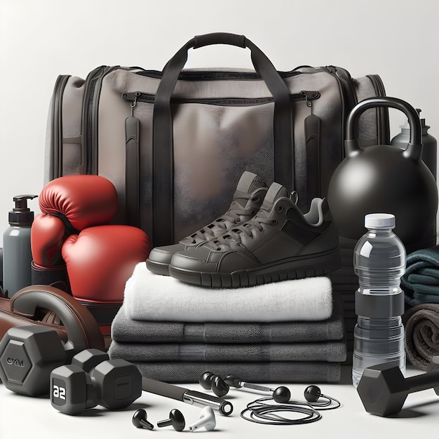 An array of gym gear featuring boxing gloves dumbbells kettlebell gym bag water bottles earphon