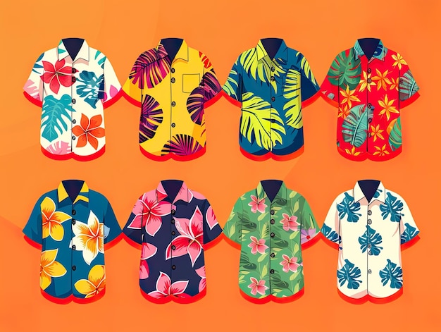 An array of Hawaiian shirts with floral patterns in teal and red hues on a vibrant orange background