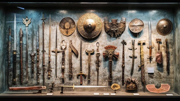 Photo an array of historical weapons displayed in a museum showcase showcasing swords shields and accessories from different eras