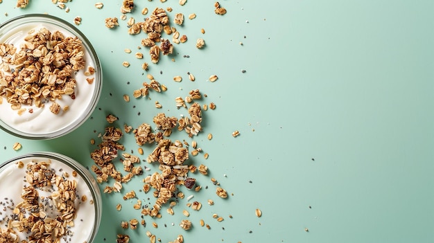 Photo array of homemade granola and yogurt on a flat surface