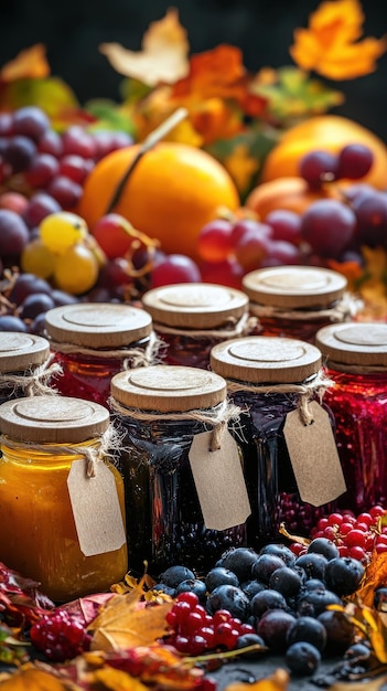 Photo an array of homemade jams in jars is beautifully arranged with autumn fruits and vibrant foliage