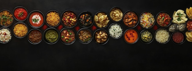 Photo an array of indian food on a dark background including bowls and plates filled with sambar chutney and pongal