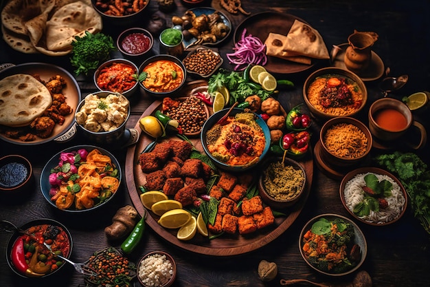 an array of indian food on a dark background