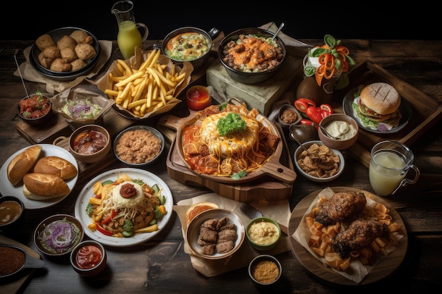 An array of international fast food dishes showcasing the variety and diversity of global cuisines