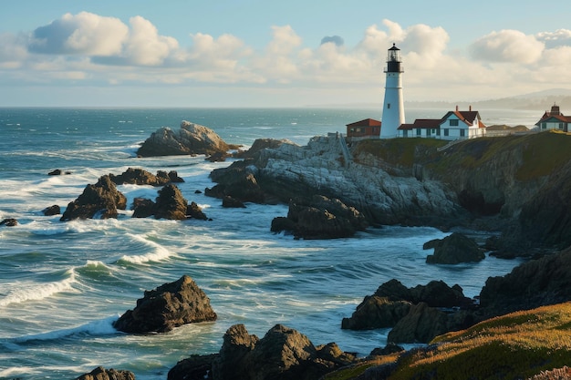 An array of lighthouses along a rocky coastline AI generated