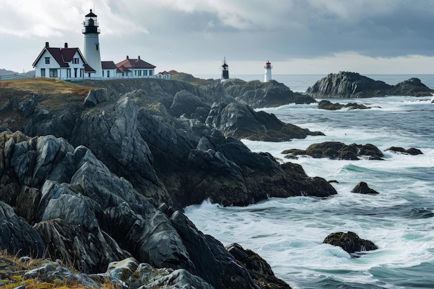 An array of lighthouses along a rocky coastline AI generated