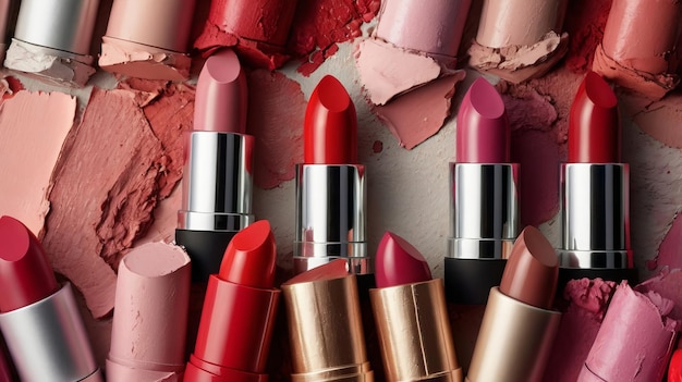 An array of lipsticks in various shades of red and pin