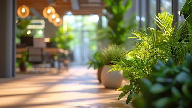 An array of lush green potted plants line a sunlit corridor of a contemporary office creating