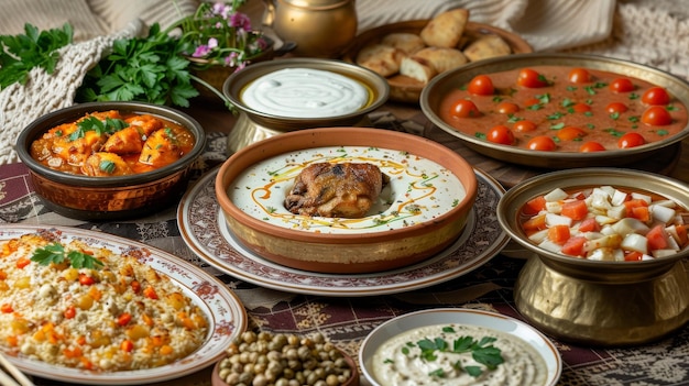 Photo an array of middle eastern dishes on a traditional table setting