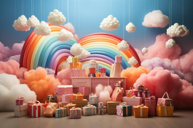 An array of multicolored gift boxes and balloons creates a festive atmosphere possibly for a birthday or special occasion set against a backdrop suggesting celebration