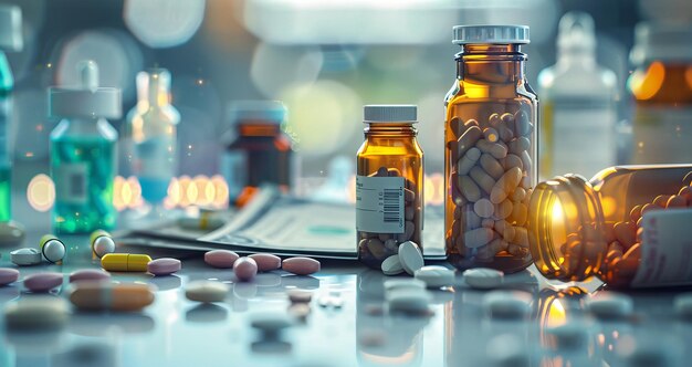 An array of pharmaceutical bottles and currency amidst a lab setting shrouded in twilight Generative AI