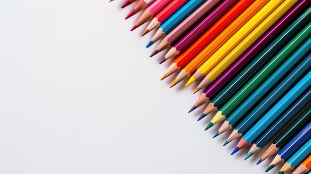 An array of sharp colored pencils aligned on a white background creating a rainbow spectrum