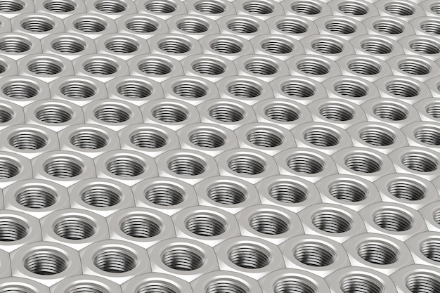 Array of Silver Machine Nuts in a symmetrical pattern on a white background