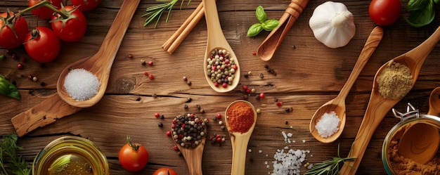 Photo an array of spices and fresh ingredients on wooden spoons spread across a wooden cooking table