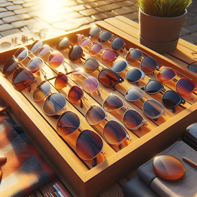 An array of stylish sunglasses is displayed on a wooden table at a sunny sidewalk sale