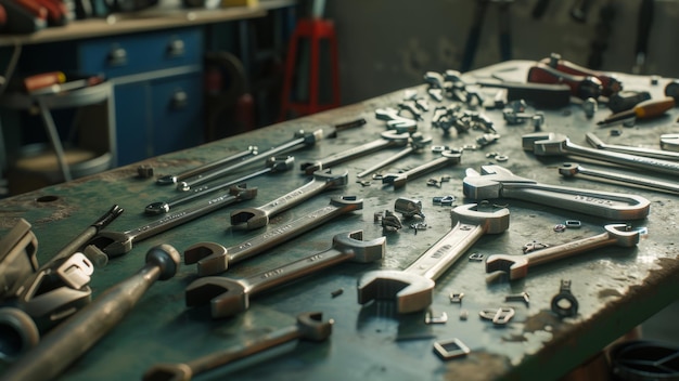 An array of tools scattered across a workshop bench