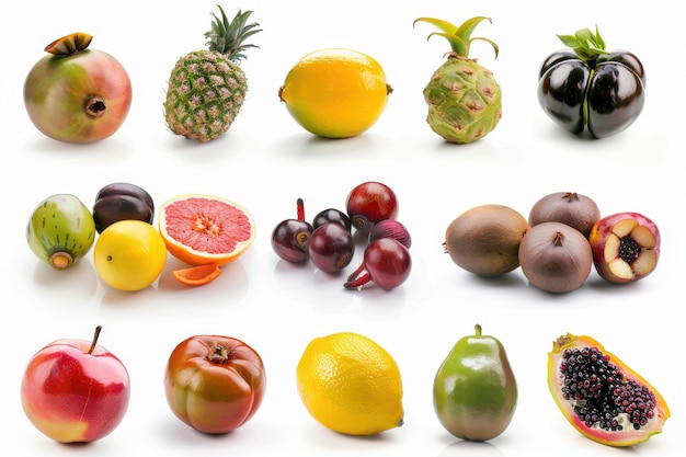 Photo array of unique fruits on white backdrop