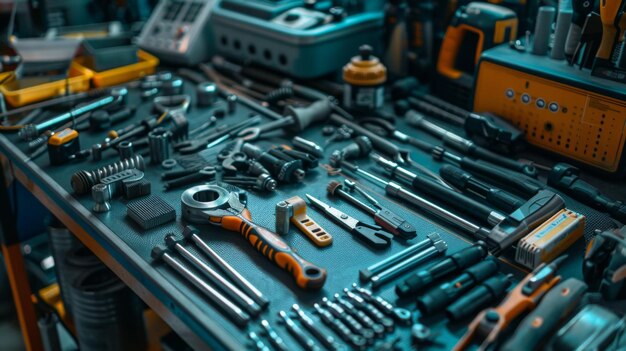 Photo an array of various tools neatly arranged on a workbench showcasing an organized tool collection for repairs