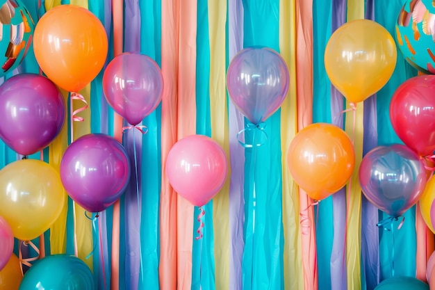 Photo an array of vibrant balloons adorn a backdrop of colorful striped fabric creating a celebratory atmosphere a colorful and festive backdrop filled with balloons and streamers