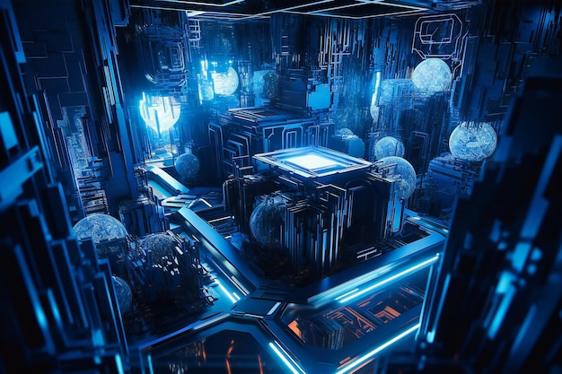 An array of vivid blue shapes interweaving to create a captivating futuristic technology backdrop