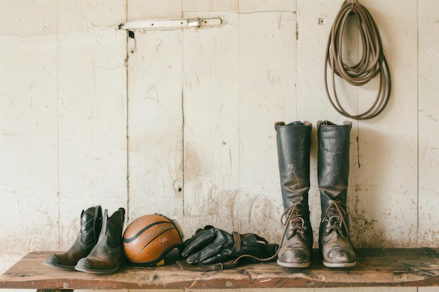 An array of wellworn riding gear including boots gloves and a helmet displayed against a rustic wooden wall backdrop exuding a rugged charm