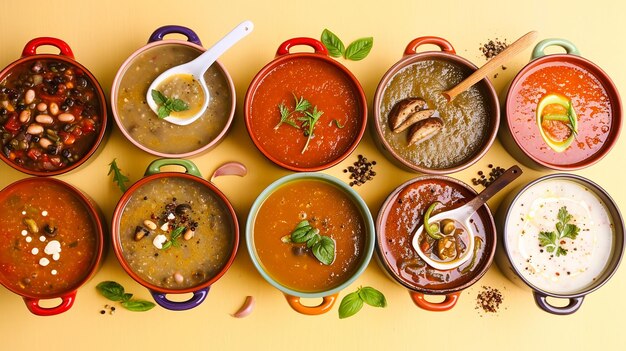 Photo array of wholesome soups and stews on a flat surface