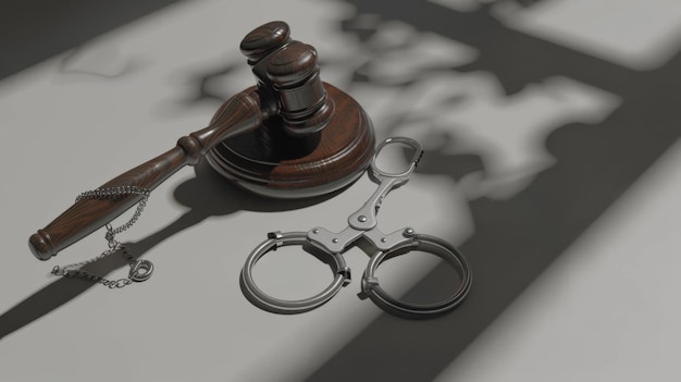 Arrest concept Metal handcuffs near judge gavel Law and justice concept