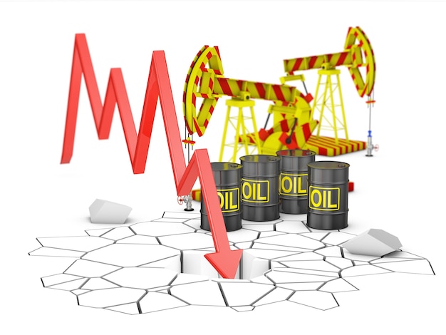 Arrow graph breaks the floor next to barrels of oil and pumps. 3D rendering.