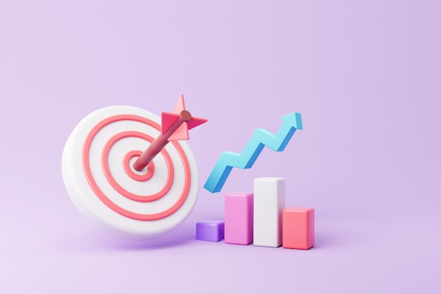 Arrow hit the center of target and stock chart 3d illustration