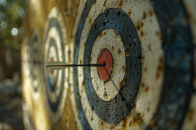 Arrow hitting the center of a rustic target