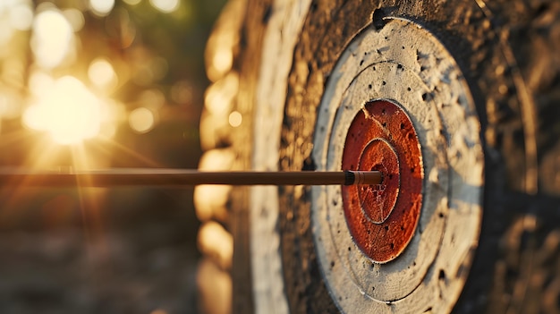 Arrow hitting the center of target in the woods during sunset