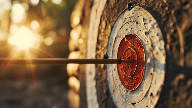 Photo arrow hitting the center of target in the woods during sunset