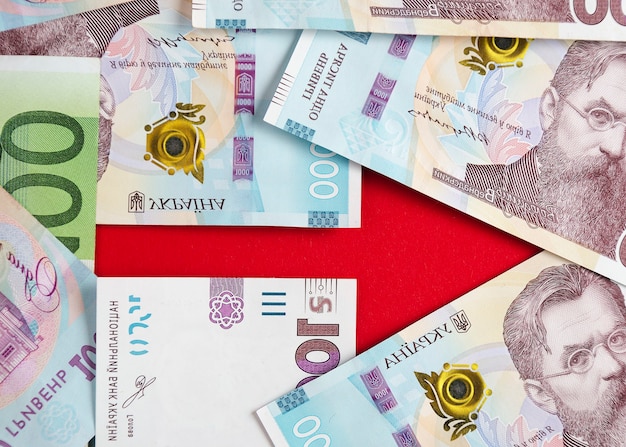 An arrow lined with banknotes of Ukrainian hryvnias and euros 4