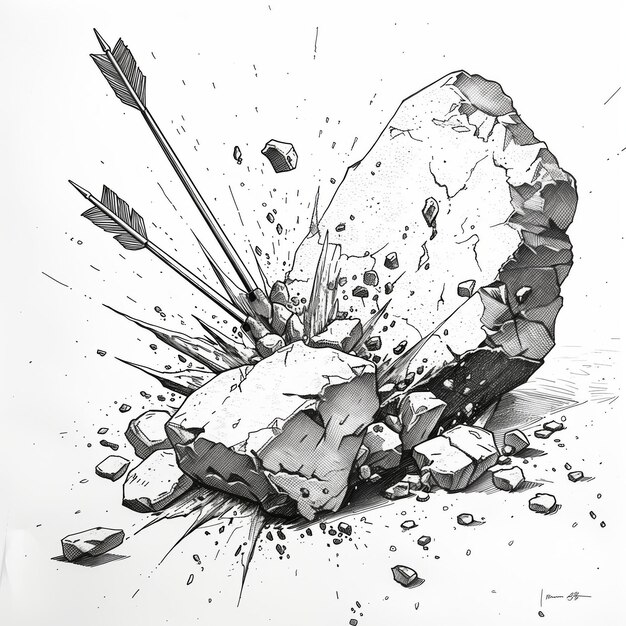 Photo arrows impacting rock with explosive force in detailed illustration