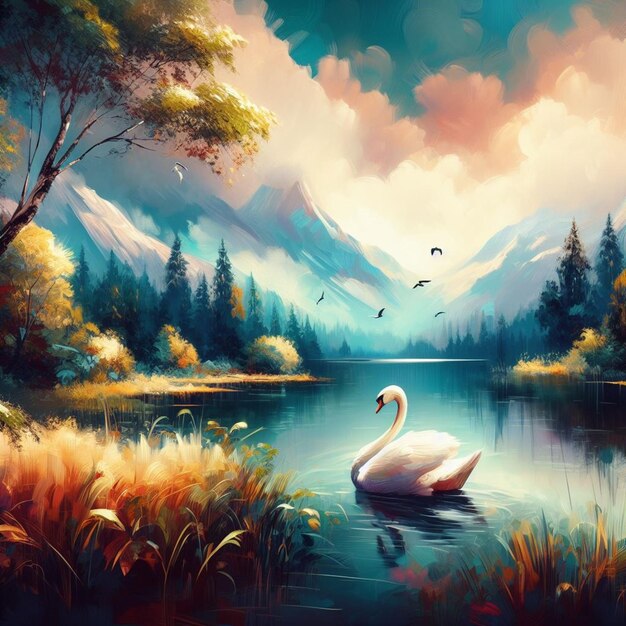 art beautiful landscape with a swan floating on the lake