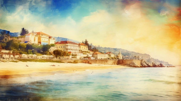 Art beautiful retro seaside view on the city AI generated