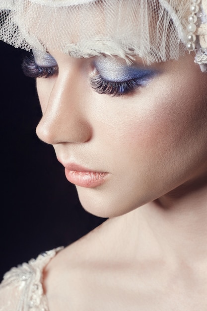 Art beauty girl portrait, eyelashes and makeup