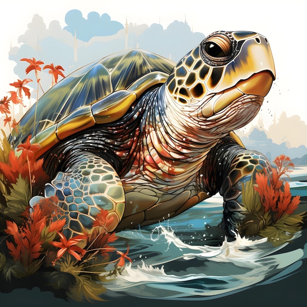 An art of a big turtle in the water