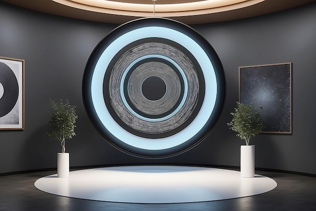 Art on a ceilingmounted rotating disk in a gallery mockup with blank white empty space for placing your design