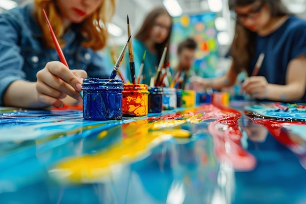 Art class Blurred background Closeup of female hand holding paintbrush