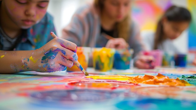 Art collaboration youngsters drawing images using paints brushes