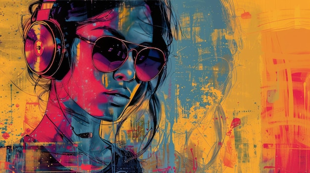 Art collage of a girl with headphones and glasses in retro style Retro disco