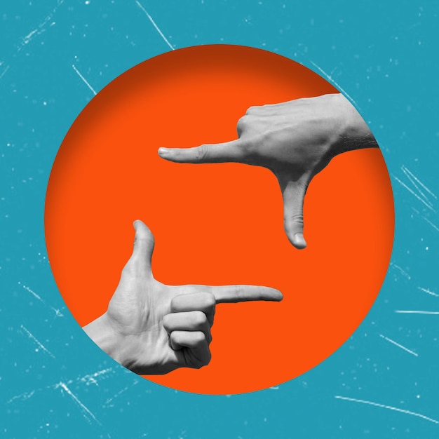 Art Collage Hands Shaped Like a Camera on an Orange Background Concept of a Good Shot