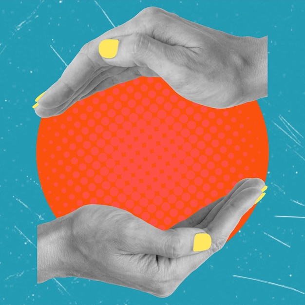 Art collage hands with yellow nails on round orange background