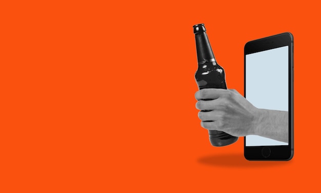 Art collage holding a bottle of beer from a phone on a red background with space for advertising