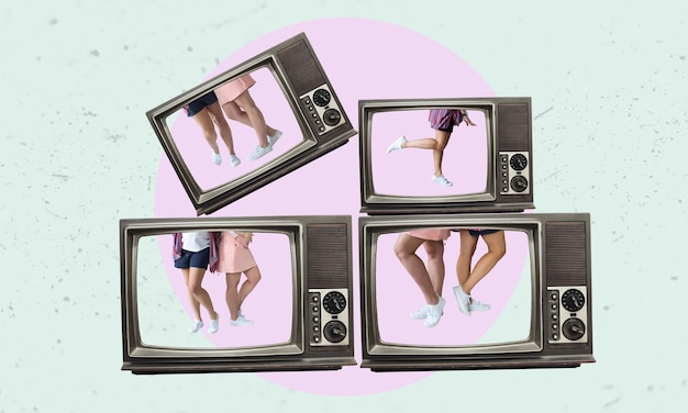 Art collage lots of retro tvs with women's legs on a light background