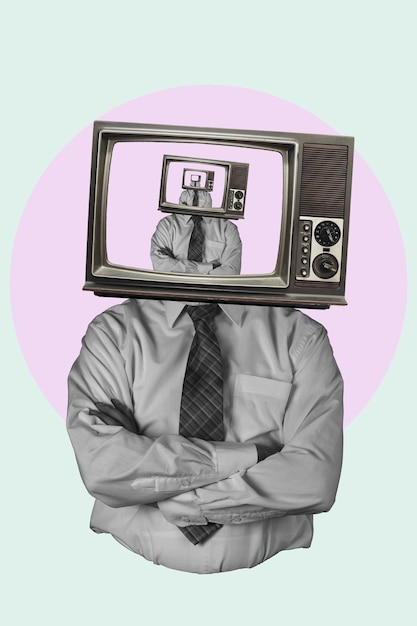 Art collage Modern art collage of a man with a TV instead of his head TV in a TV set