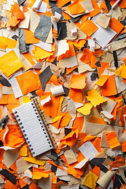 Photo art collage of pieces of ripped paper with torn edges sticky notes collection orange black colors shreds of notebook pages abstract background