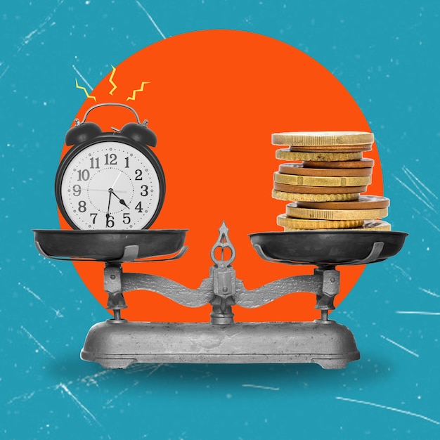 Art Collage Scales on an Orange Background On one side money on the other side clocks