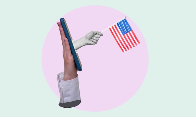 Art collage a woman's hand comes out of a phone with an American flag on a light background